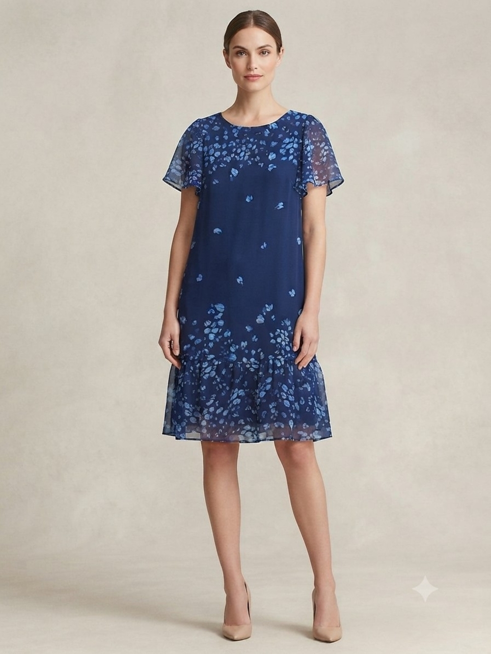 DKNY Navy Blue Floral Chiffon Ruffle-Hem Knee-Length Dress